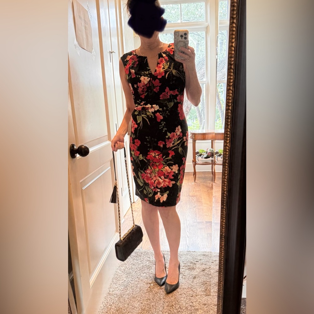 Adrianna Papell Black Dress with Red and Pink Floral Design
